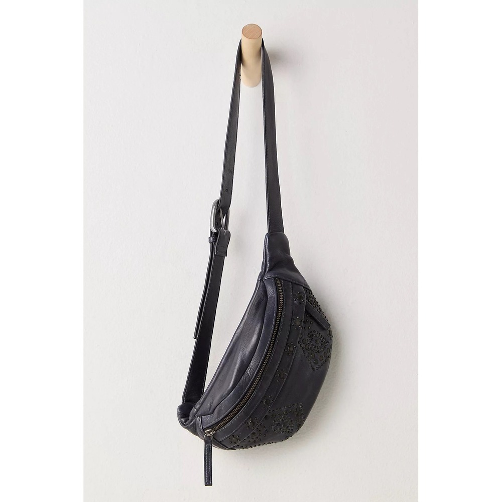 NWT!! FREE PEOPLE Black Leather Ana Adorned Sling Bag Solid Studded Embellished - Picture 15 of 16